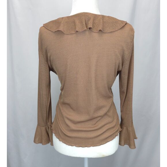 Y2K Vintage Brown Ruffle Bell Sleeve V-Neck Top Size L Fairycore Romantic Grunge - Picture 2 of 5